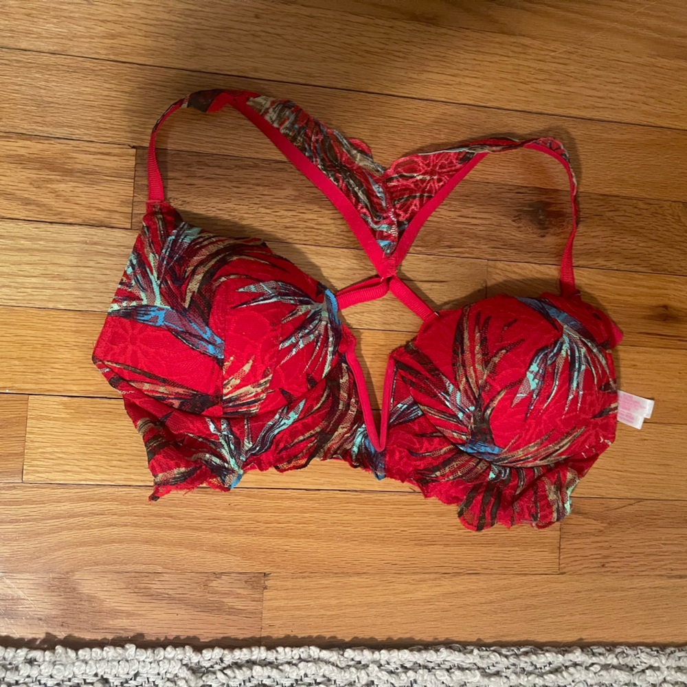 Red lace tropical palms design padded bralette